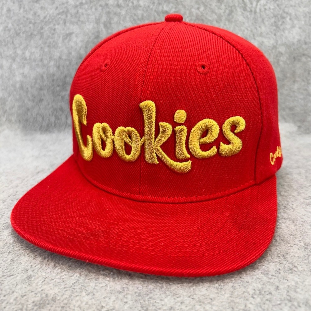 Cookies Script Logo Mens Red Cookies Hat Snapback Flat Brim Gold Embroidery OSFM
